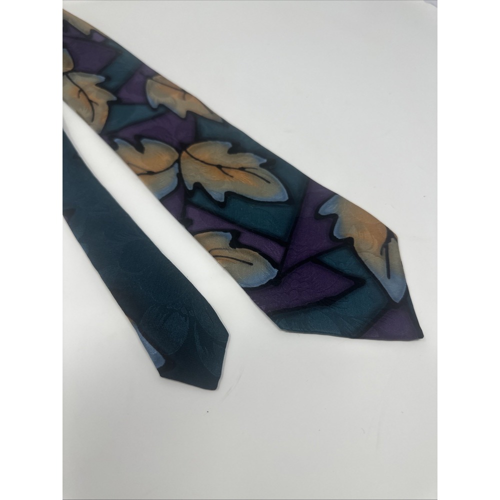Vintage Handpainted Silk Robert‎ Daskal Tie - Blue Purple Leaves Fall